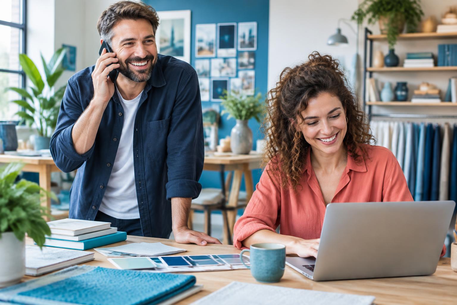 Twee lachende ondernemers aan het werk met telefoon en laptop